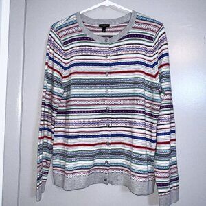 Talbots Blue Gray Red Fair Isle Stripe Nylon Lambswool Cardigan Sweater Size L-P